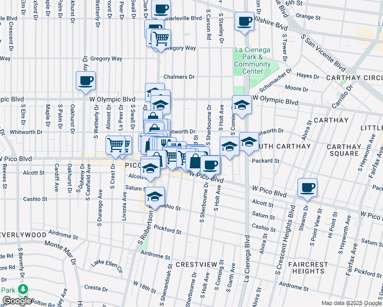 map of restaurants, bars, coffee shops, grocery stores, and more near 1142 South Shenandoah Street in Los Angeles
