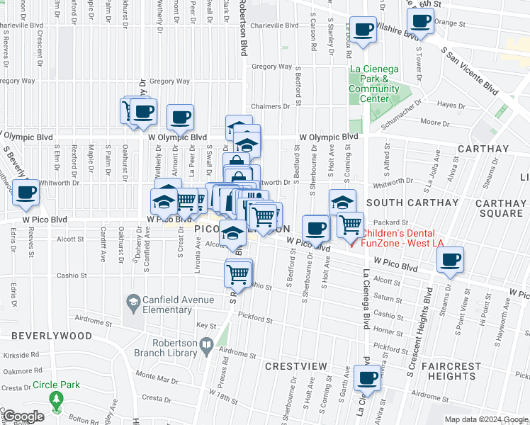 map of restaurants, bars, coffee shops, grocery stores, and more near 1137 South Wooster Street in Los Angeles