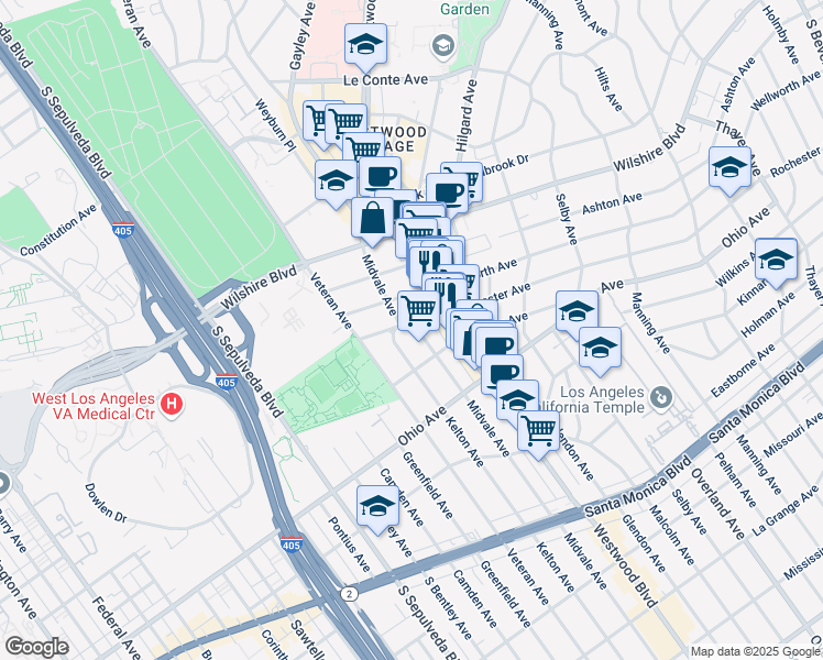 map of restaurants, bars, coffee shops, grocery stores, and more near 10911 Rochester Avenue in Los Angeles