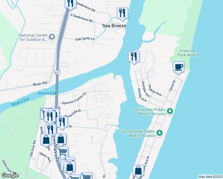 map of restaurants, bars, coffee shops, grocery stores, and more near 107 Spencer-Farlow Drive in Carolina Beach