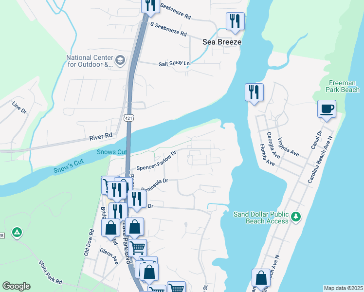 map of restaurants, bars, coffee shops, grocery stores, and more near 308 Spencer-Farlow Drive in Carolina Beach