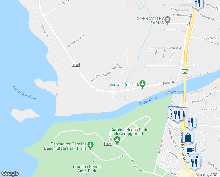 map of restaurants, bars, coffee shops, grocery stores, and more near 7837 Cypress Island Drive in Wilmington