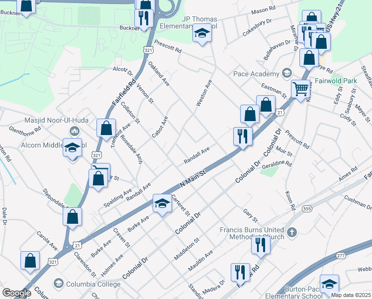 map of restaurants, bars, coffee shops, grocery stores, and more near 933 Vernon Court in Columbia
