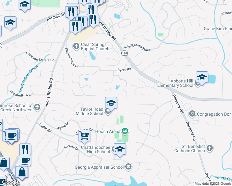 map of restaurants, bars, coffee shops, grocery stores, and more near 11335 Saint Patrice Way in Alpharetta