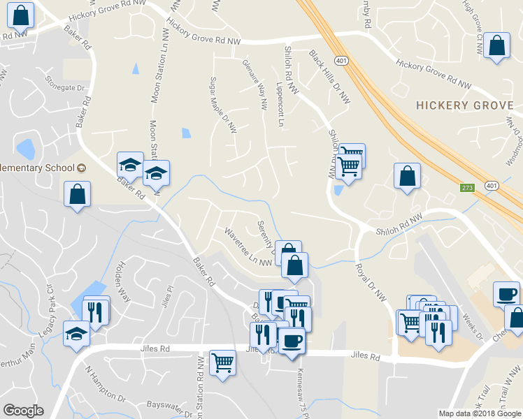 map of restaurants, bars, coffee shops, grocery stores, and more near 2208 Serenity Drive Northwest in Acworth