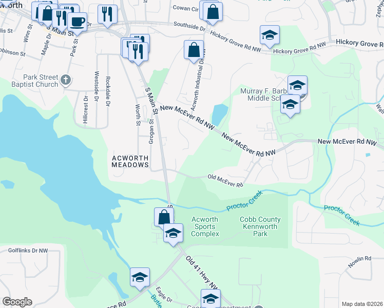 map of restaurants, bars, coffee shops, grocery stores, and more near 4100 Dustin Drive Northwest in Acworth