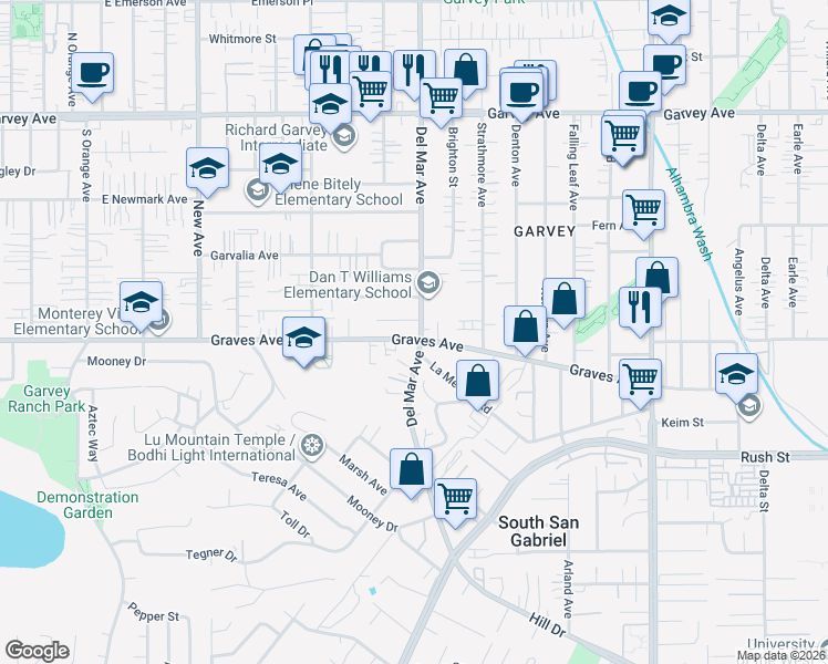 map of restaurants, bars, coffee shops, grocery stores, and more near in South San Gabriel