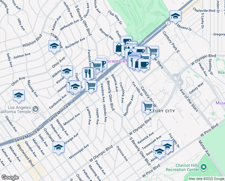 map of restaurants, bars, coffee shops, grocery stores, and more near 1862 South Beverly Glen Boulevard in Los Angeles