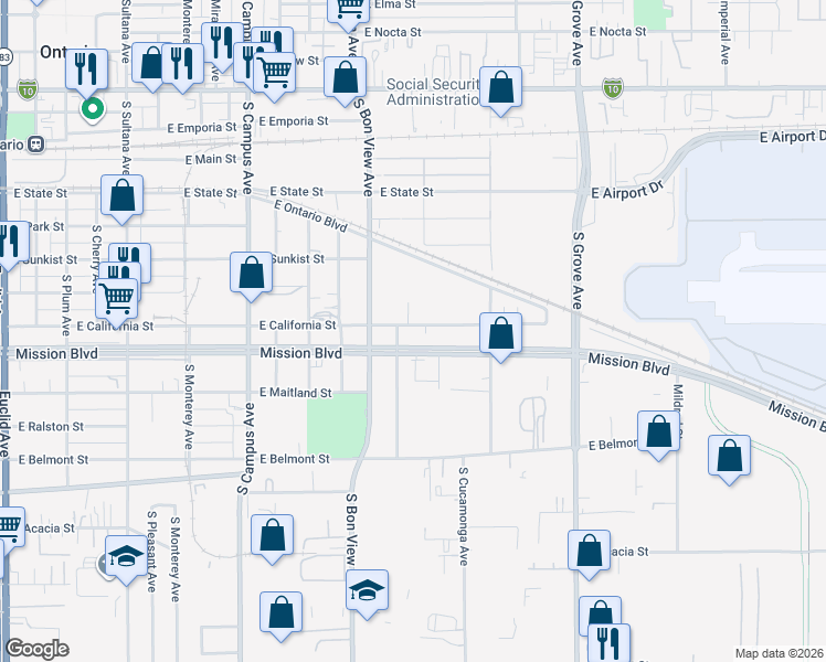 map of restaurants, bars, coffee shops, grocery stores, and more near 1004 East California Street in Ontario