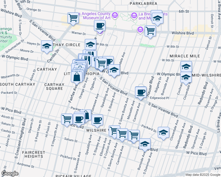 map of restaurants, bars, coffee shops, grocery stores, and more near 5906 San Vicente Boulevard in Los Angeles