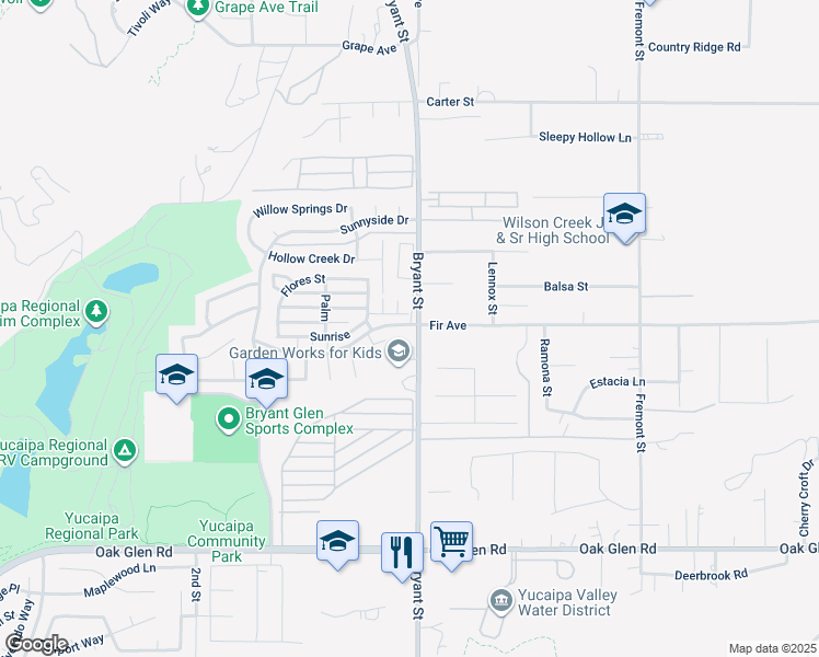 map of restaurants, bars, coffee shops, grocery stores, and more near 35218 Fir Avenue in Yucaipa