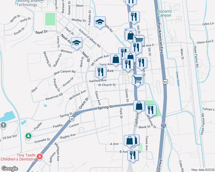 map of restaurants, bars, coffee shops, grocery stores, and more near 301-355 W Church St in Socorro