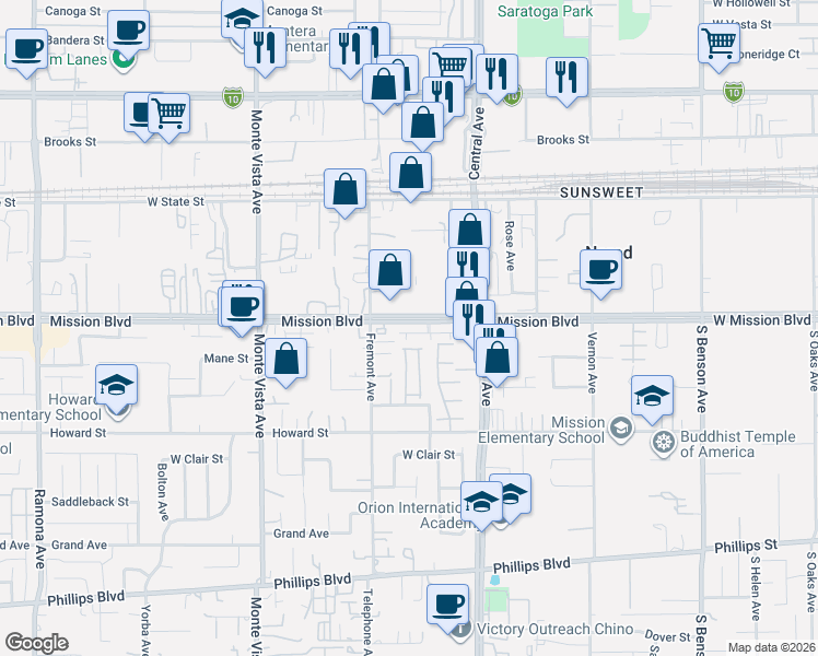 map of restaurants, bars, coffee shops, grocery stores, and more near 5138 Mission Boulevard in Montclair