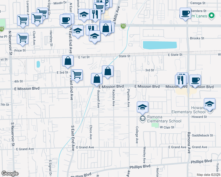 map of restaurants, bars, coffee shops, grocery stores, and more near 3964 East Mission Boulevard in Montclair