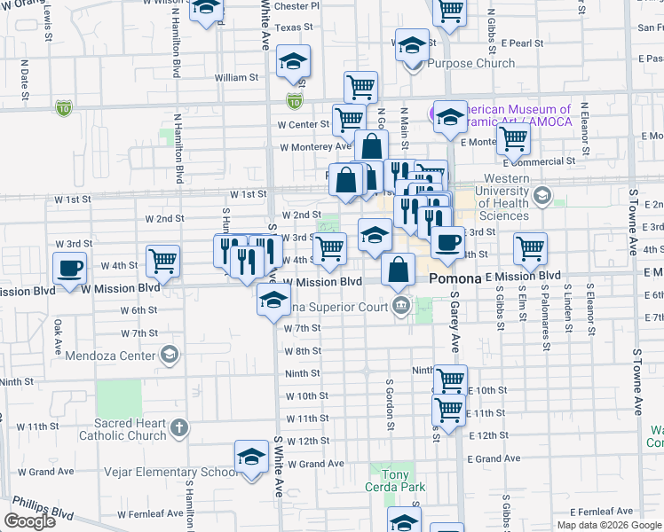 map of restaurants, bars, coffee shops, grocery stores, and more near 637 West 4th Street in Pomona