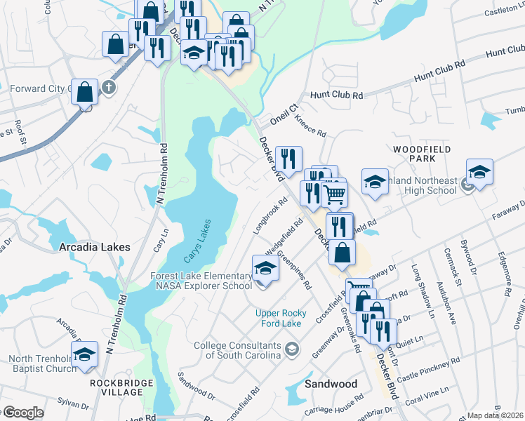 map of restaurants, bars, coffee shops, grocery stores, and more near 6923 Longbrook Road in Columbia