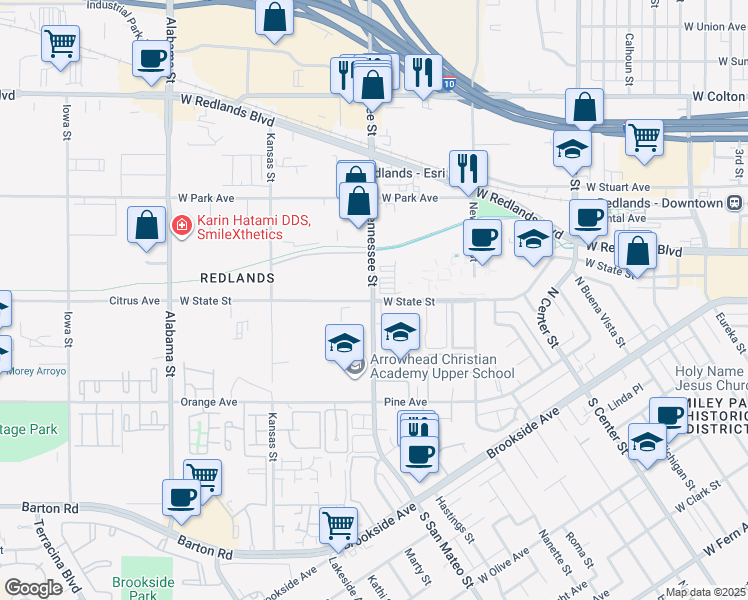 map of restaurants, bars, coffee shops, grocery stores, and more near 1234 West State Street in Redlands