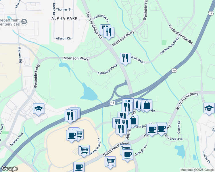 map of restaurants, bars, coffee shops, grocery stores, and more near 2052 Lanier Grove in Alpharetta