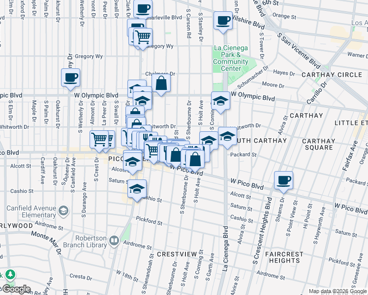 map of restaurants, bars, coffee shops, grocery stores, and more near 1201 South Sherbourne Drive in Los Angeles