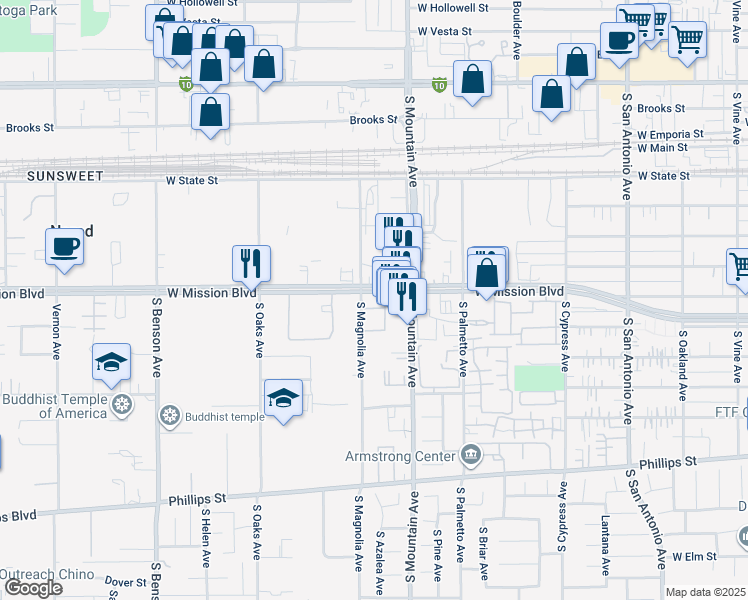 map of restaurants, bars, coffee shops, grocery stores, and more near 805 South Magnolia Avenue in Ontario