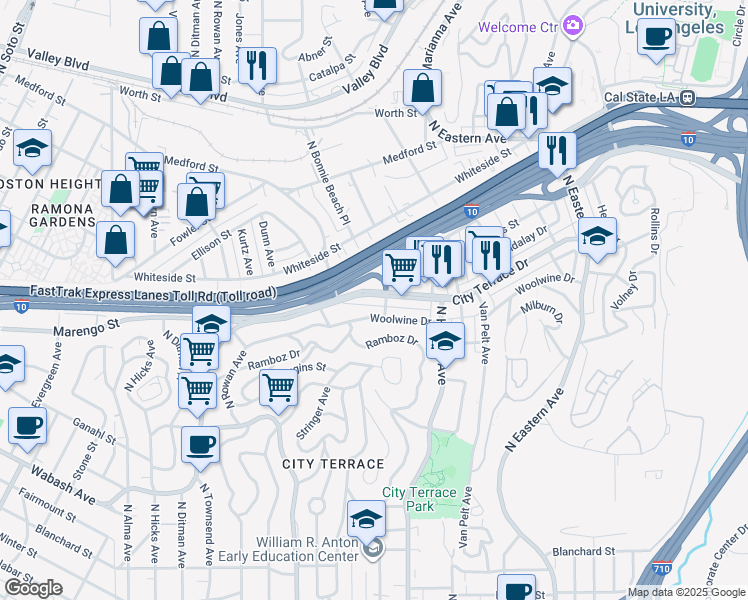 map of restaurants, bars, coffee shops, grocery stores, and more near 3856 City Terrace Drive in Los Angeles