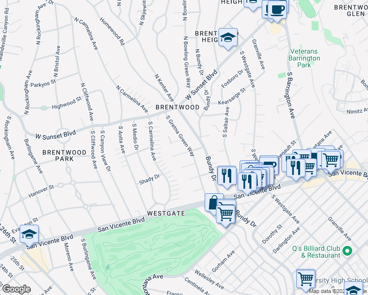 map of restaurants, bars, coffee shops, grocery stores, and more near 321 South Gretna Green Way in Los Angeles
