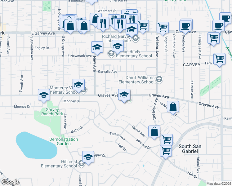 map of restaurants, bars, coffee shops, grocery stores, and more near 7525 Graves Avenue in Rosemead