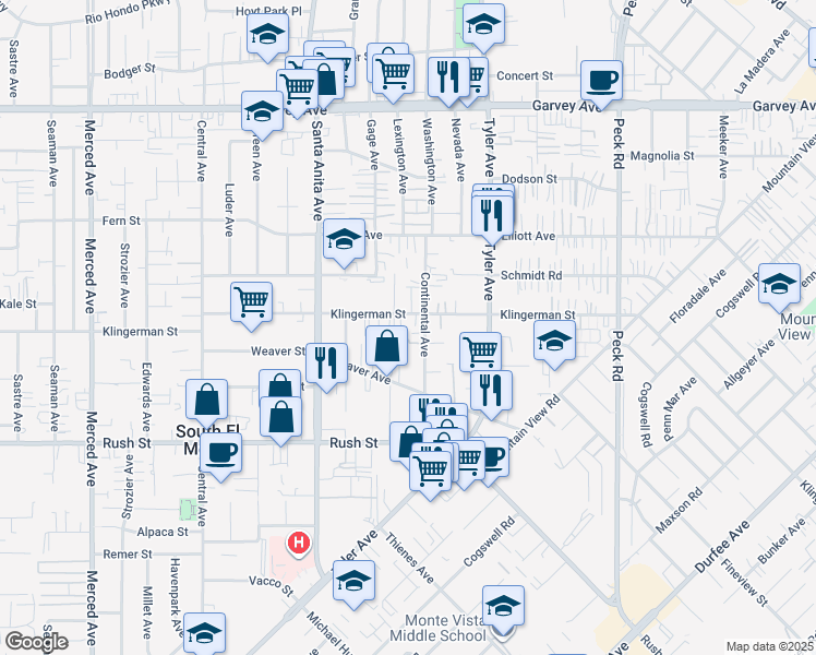 map of restaurants, bars, coffee shops, grocery stores, and more near 10826 Klingerman Street in El Monte