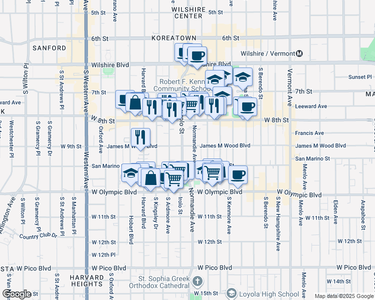 map of restaurants, bars, coffee shops, grocery stores, and more near 900 Irolo Street in Los Angeles