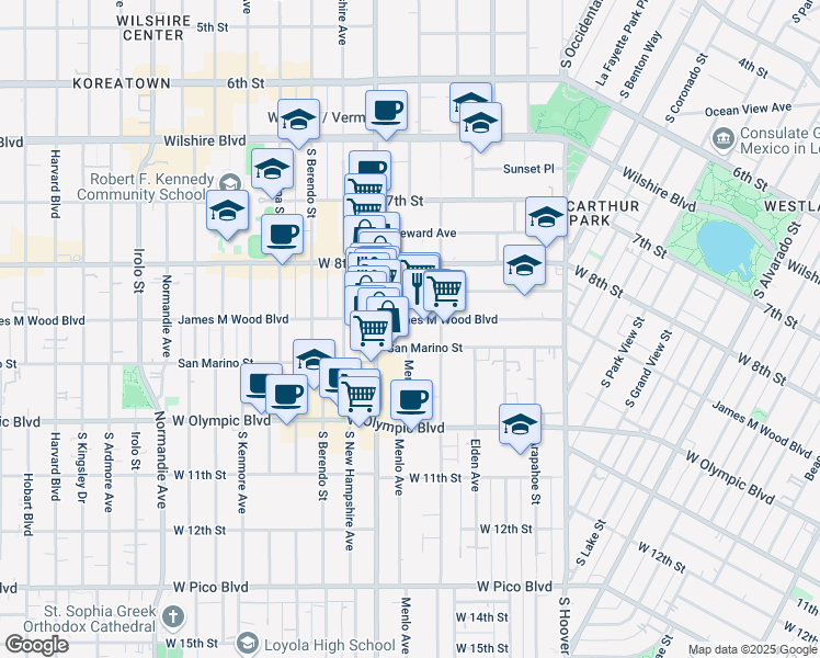 map of restaurants, bars, coffee shops, grocery stores, and more near 2821 James M Wood Boulevard in Los Angeles