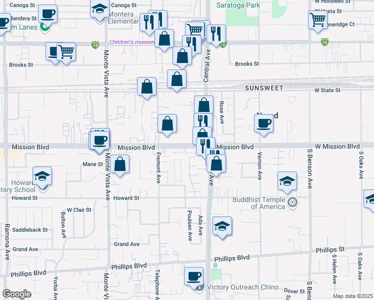 map of restaurants, bars, coffee shops, grocery stores, and more near 5188 Adera Street in Montclair