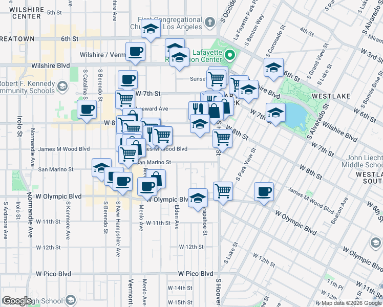 map of restaurants, bars, coffee shops, grocery stores, and more near 2701 James M Wood Boulevard in Los Angeles