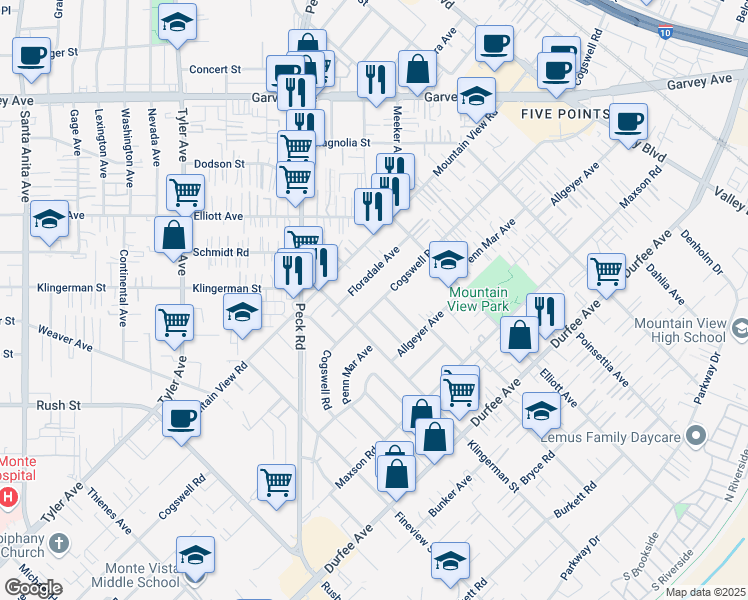 map of restaurants, bars, coffee shops, grocery stores, and more near 2437 Cogswell Road in El Monte