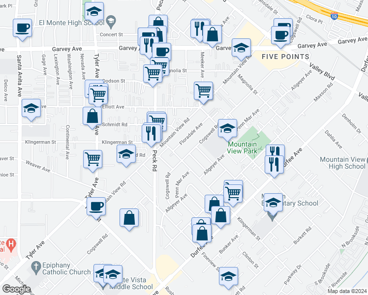 map of restaurants, bars, coffee shops, grocery stores, and more near 2424 Floradale Avenue in El Monte