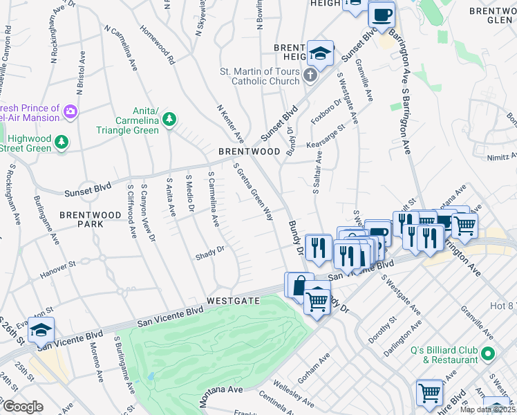 map of restaurants, bars, coffee shops, grocery stores, and more near 321 South Gretna Green Way in Los Angeles