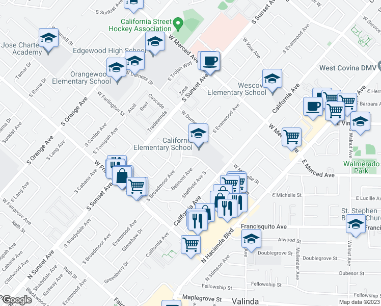 map of restaurants, bars, coffee shops, grocery stores, and more near 1131 West Bainbridge Avenue in West Covina