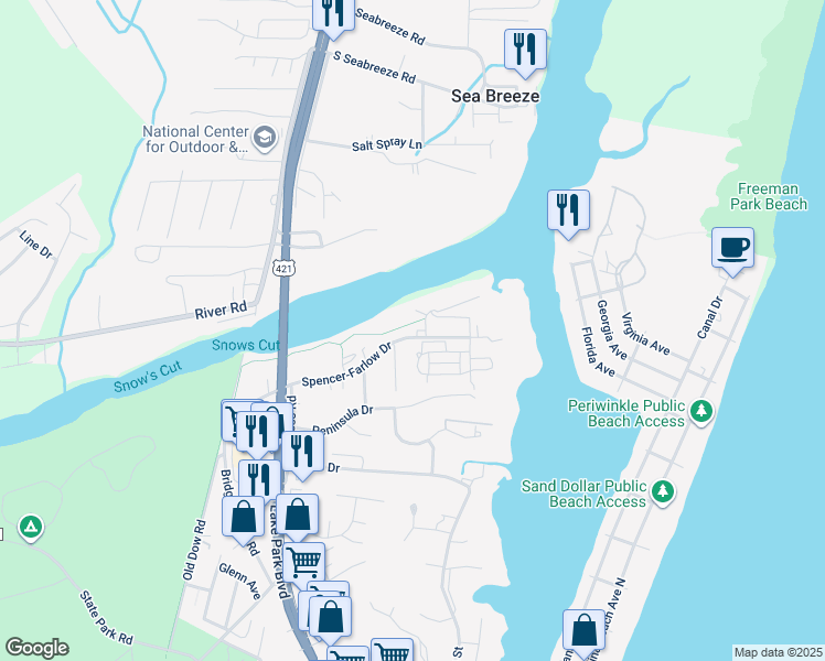map of restaurants, bars, coffee shops, grocery stores, and more near 300 Spencer-Farlow Drive in Carolina Beach