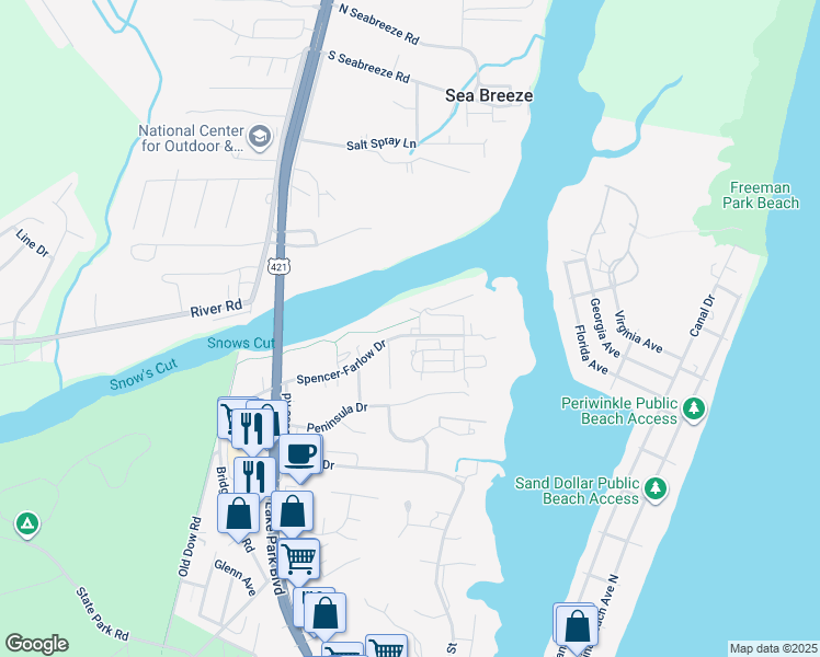 map of restaurants, bars, coffee shops, grocery stores, and more near 300 Spencer-Farlow Drive in Carolina Beach