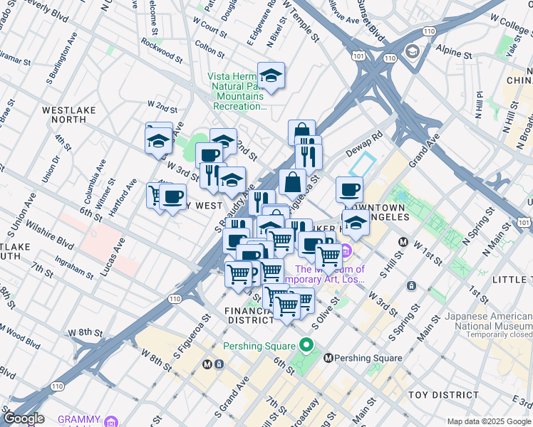 map of restaurants, bars, coffee shops, grocery stores, and more near 947 West 3rd Street in Los Angeles