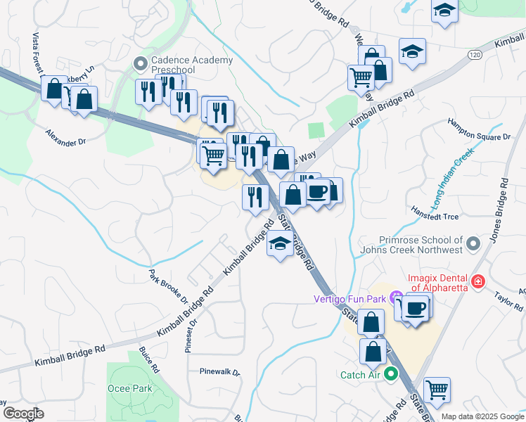 map of restaurants, bars, coffee shops, grocery stores, and more near 11266 State Bridge Road in Alpharetta