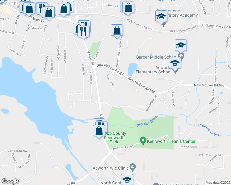 map of restaurants, bars, coffee shops, grocery stores, and more near 4100 Dustin Drive Northwest in Acworth