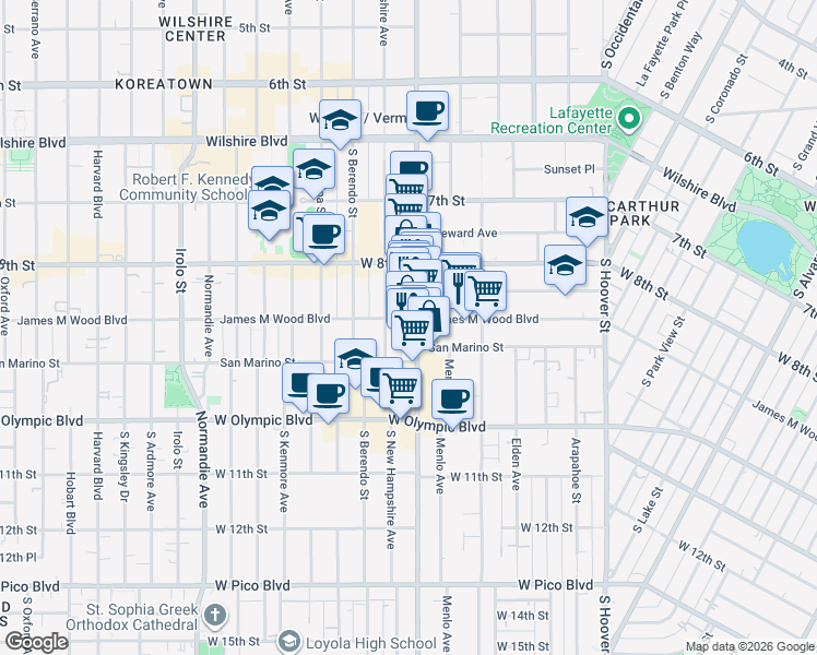 map of restaurants, bars, coffee shops, grocery stores, and more near 888 South Vermont Avenue in Los Angeles
