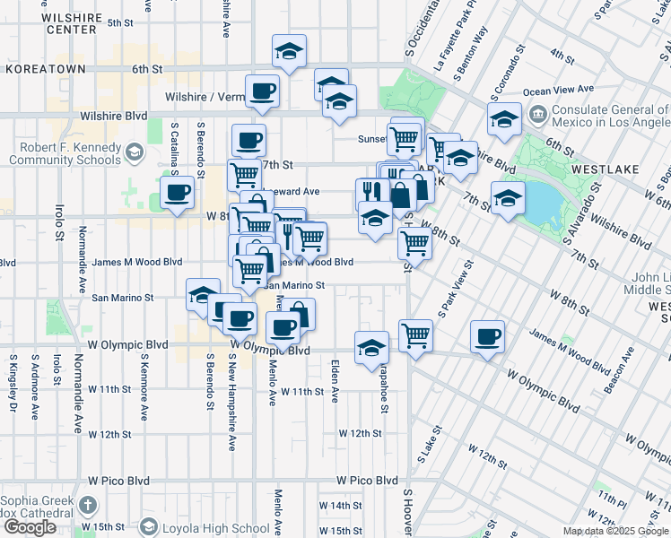 map of restaurants, bars, coffee shops, grocery stores, and more near 2734 James M Wood Boulevard in Los Angeles