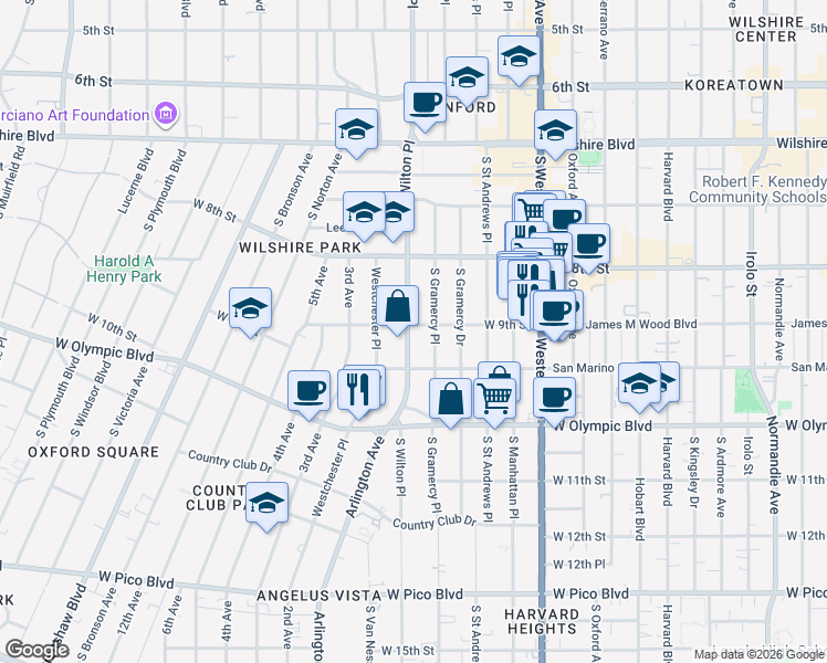 map of restaurants, bars, coffee shops, grocery stores, and more near 3789 West 9th Street in Los Angeles