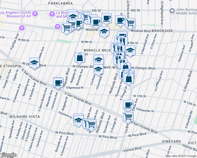 map of restaurants, bars, coffee shops, grocery stores, and more near 1039 South Cloverdale Avenue in Los Angeles