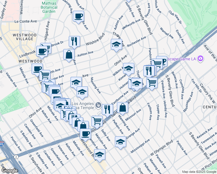 map of restaurants, bars, coffee shops, grocery stores, and more near 1601 Hilts Avenue in Los Angeles