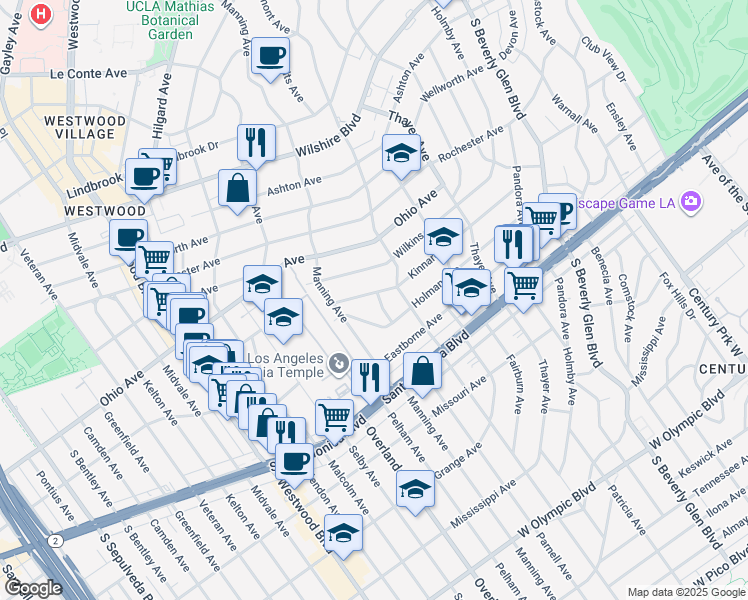 map of restaurants, bars, coffee shops, grocery stores, and more near 1601 Hilts Avenue in Los Angeles
