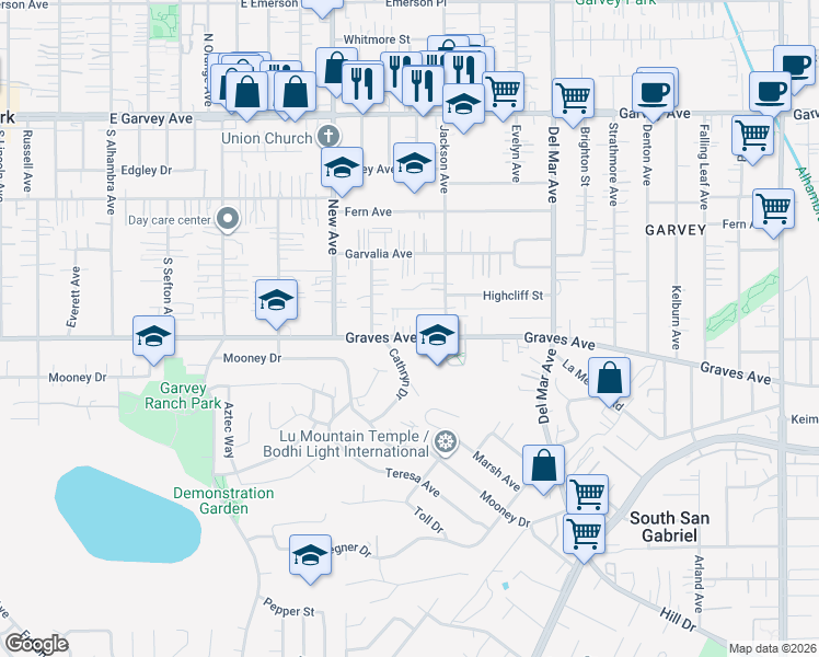 map of restaurants, bars, coffee shops, grocery stores, and more near 7512 Melrose Avenue in Rosemead