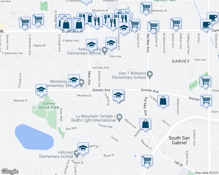 map of restaurants, bars, coffee shops, grocery stores, and more near 7525 Graves Avenue in Rosemead