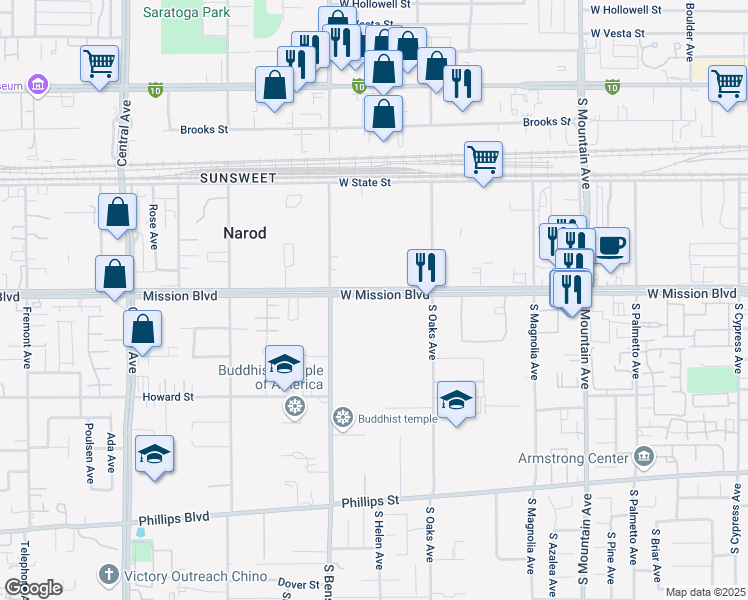 map of restaurants, bars, coffee shops, grocery stores, and more near 1511 West Mission Boulevard in Ontario
